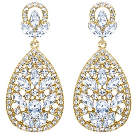 Yellow Gold with White Diamond Austrian Crystal Teardrop Chandelier Earrings - Picture 1 of 7
